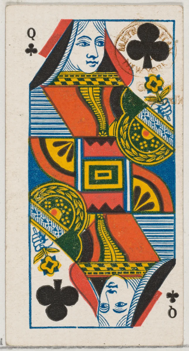 Queen of Clubs (black), from the Playing Cards series (N84) for Duke brand cigarettes by W. Duke, Sons & Co., print, 1888