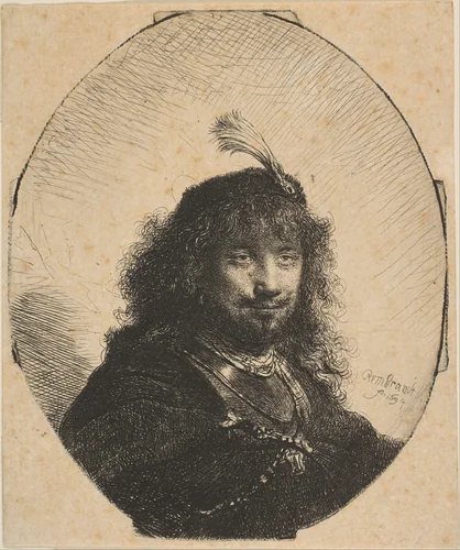 Self-Portrait with Plumed Cap and Lowered Sabre by Rembrandt van Rijn, print, 1634