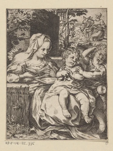 Heilige Familie met de jonge Johannes de Doper by Unknown, print, 1587