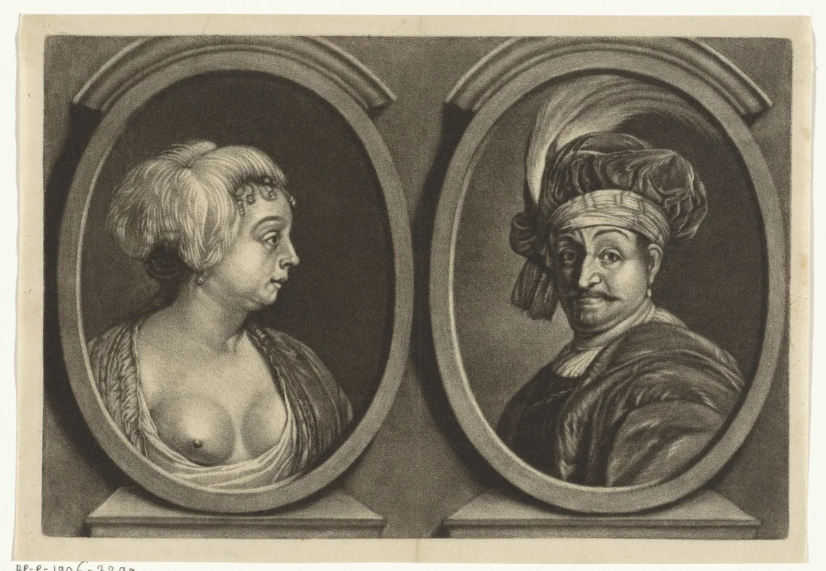 Portretten van een vrouw met een ontblote borst en een man met tulband by Johannes de Groot, print, 1698-1776