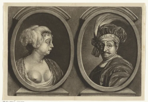 Portretten van een vrouw met een ontblote borst en een man met tulband by Johannes de Groot, print, 1698-1776