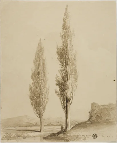 Two Poplars and Seated Figure Beside Stream by William Alfred Delamotte, drawing, 1795-1863