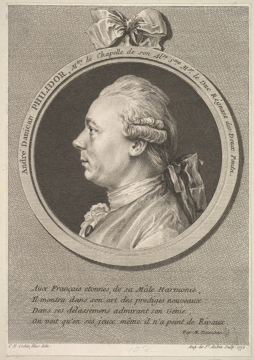 Portrait of André Danican Philidor by Augustin de Saint-Aubin, print, 1772