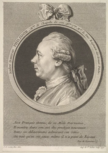 Portrait of André Danican Philidor by Augustin de Saint-Aubin, print, 1772