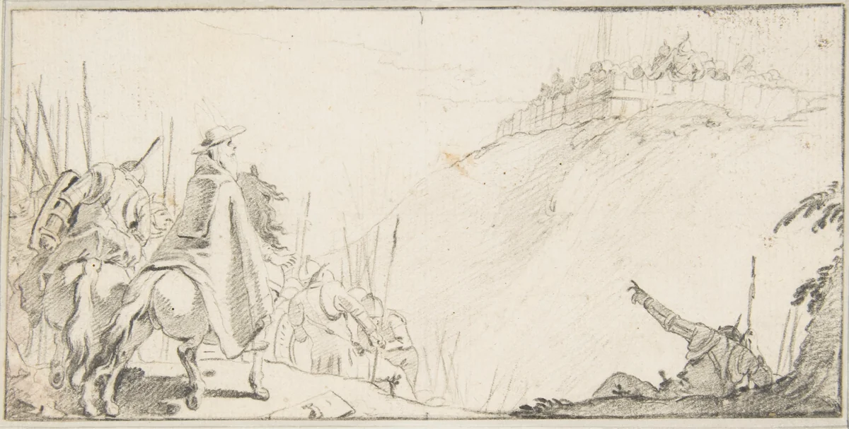 Illustration for a Book: Cardinal with Troops Facing a Fortification on a Hilltop by Giovanni Battista Tiepolo, drawing, 1696-1770