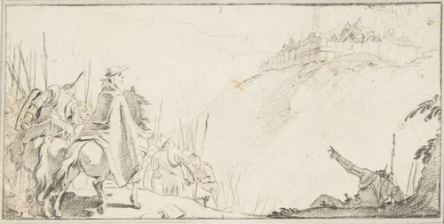 Illustration for a Book: Cardinal with Troops Facing a Fortification on a Hilltop by Giovanni Battista Tiepolo, drawing, 1696-1770