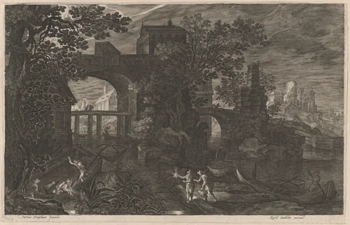 Night Fishing near Fortified Bridges by Aegidius Sadeler II; Pieter Stevens, print, 1600-1615