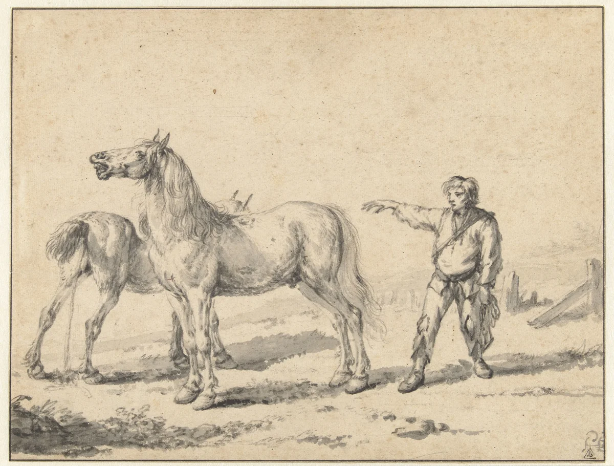 Two Horses, One Urinating and the Other Whinnying, and a Standing Man with his Right Arm Raised by Philips Wouwerman, drawing, 1646