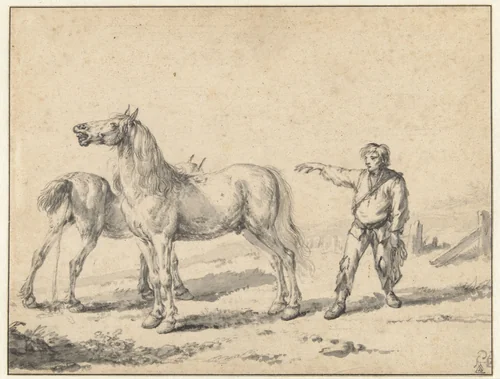 Two Horses, One Urinating and the Other Whinnying, and a Standing Man with his Right Arm Raised by Philips Wouwerman, drawing, 1646