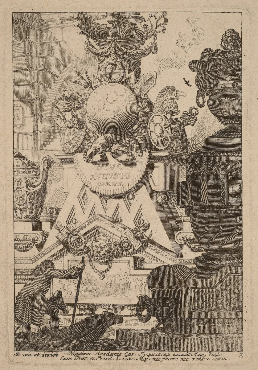 Fantasy of an Antique Trophy to Augustus by Carl Schütz, print, 1770-1780