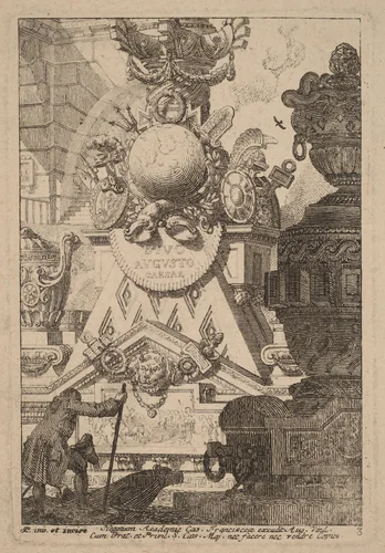 Fantasy of an Antique Trophy to Augustus by Carl Schütz, print, 1770-1780