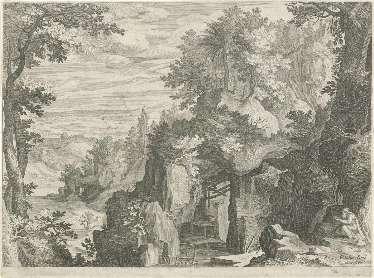 Berglandschap met een kluizenaar by Unknown, print, 1580-1629