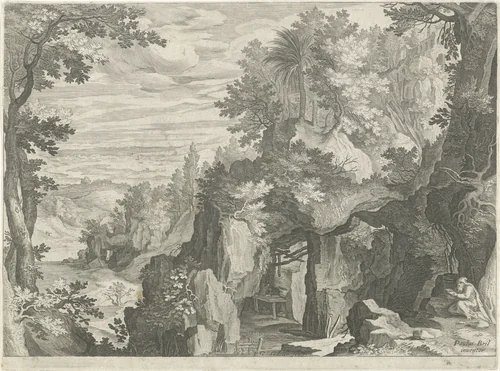Berglandschap met een kluizenaar by Unknown, print, 1580-1629