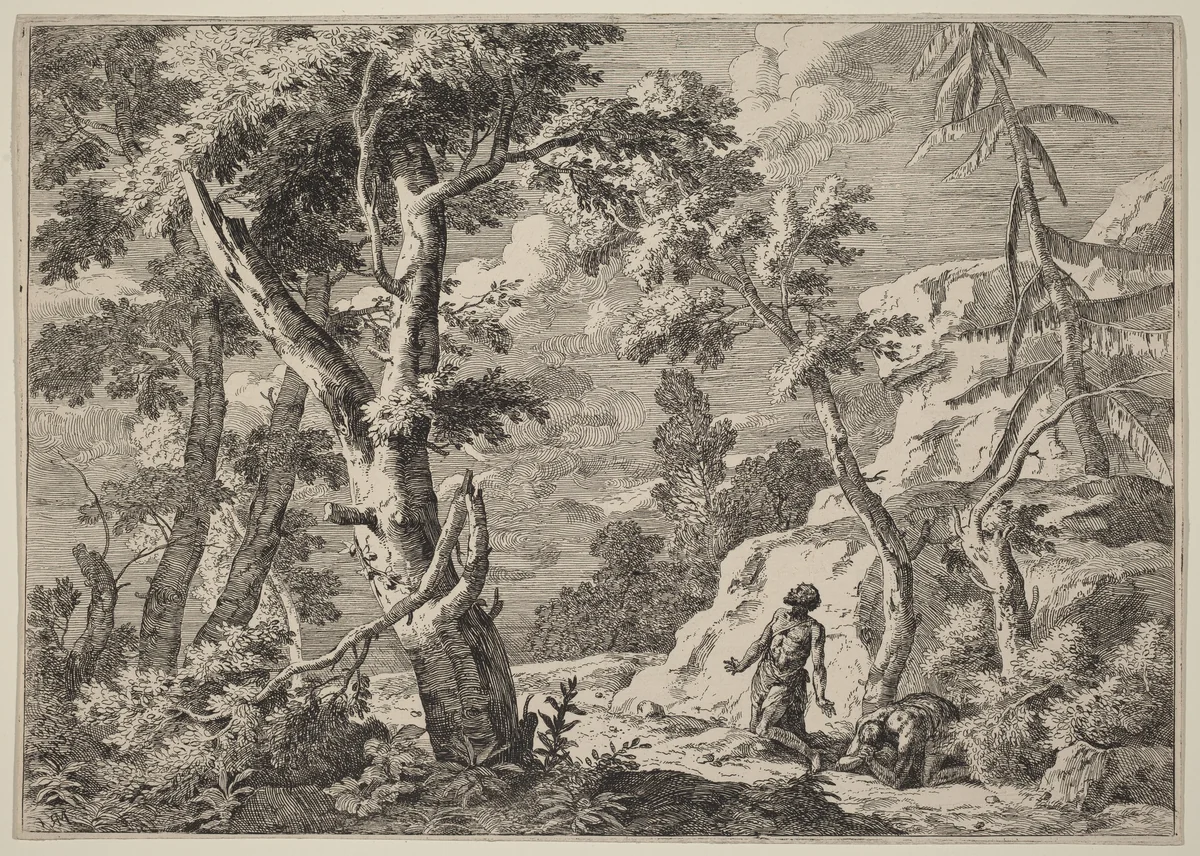 Two Men Penitent in the Wilderness by Marco Ricci, print, 1730
