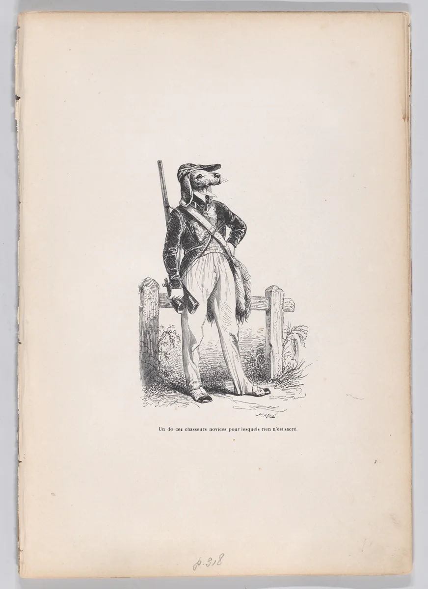 One of those novice hunters for whom nothing is sacred, from "Scenes from the Private and Public Life of Animals" by J. J. Grandville, print, 1832-1852