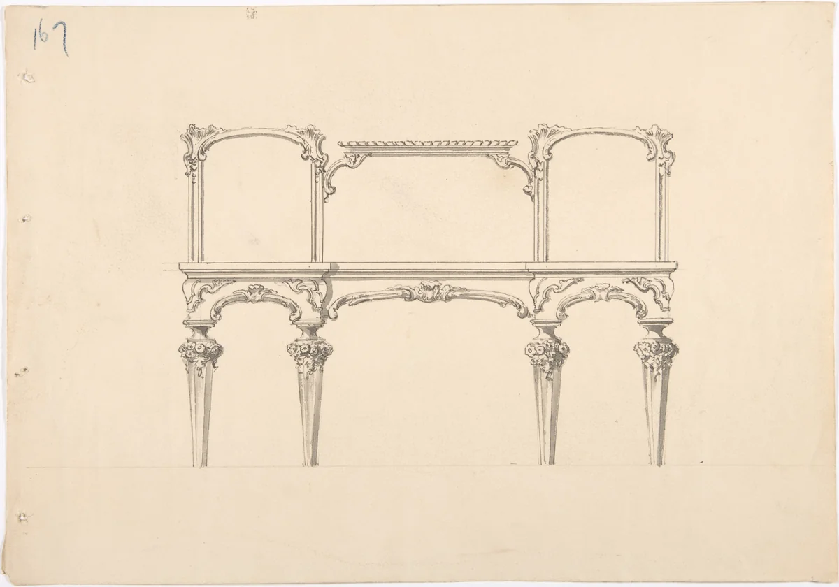 Design for a Mirrored Sideboard with Diminishing Legs, Floral and Rocaille Ornament by anonymous, drawing, 1800-1850