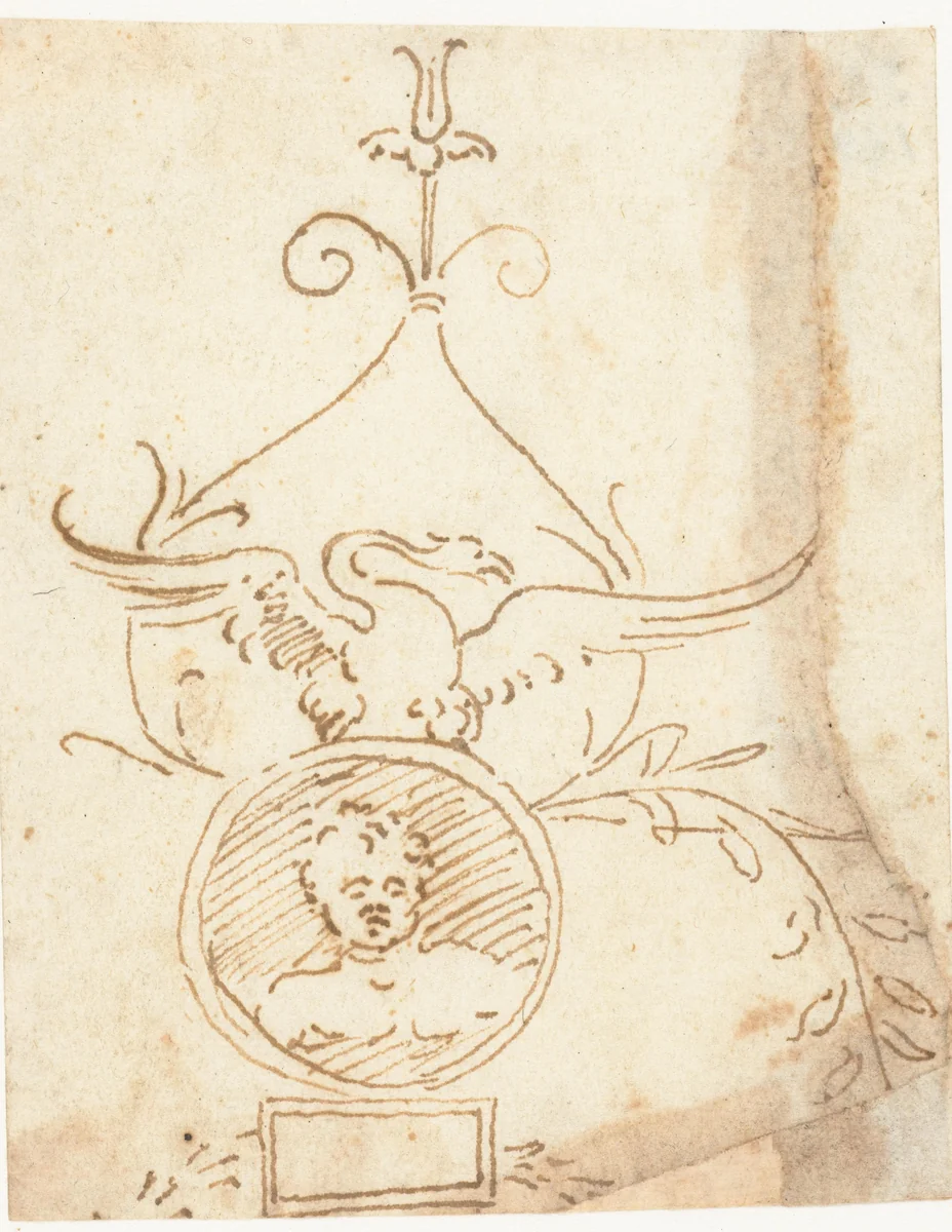 Deel van ornamentale paneelvulling met een putto in een medaillon by anonymous, drawing, 1510