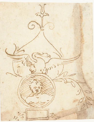 Deel van ornamentale paneelvulling met een putto in een medaillon by anonymous, drawing, 1510