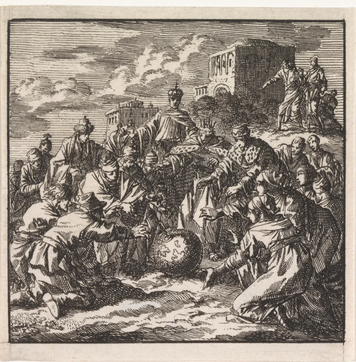 Mensen van divers pluimage reiken naar de wereldbol by Jan Luyken, print, 1710