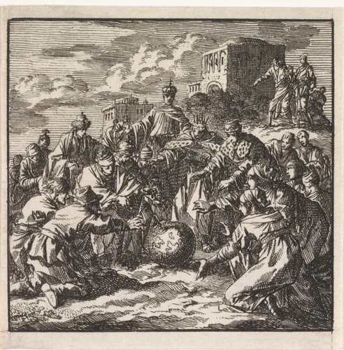 Mensen van divers pluimage reiken naar de wereldbol by Jan Luyken, print, 1710