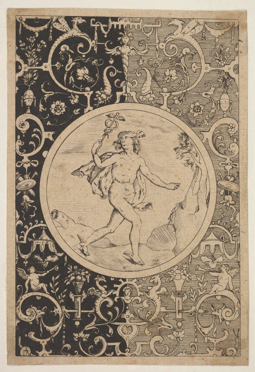 Mercury in a Decorative Frame with Grotesques by Adriaen Collaert, print, 1600-1630