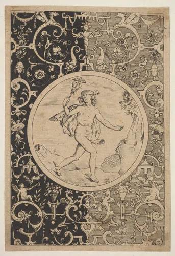 Mercury in a Decorative Frame with Grotesques by Adriaen Collaert, print, 1600-1630