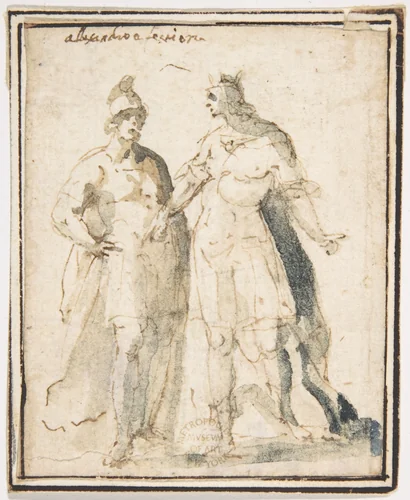 Two Standing Male Figures in Antique Military Costume by Francesco Allegrini, drawing, 1624-1663