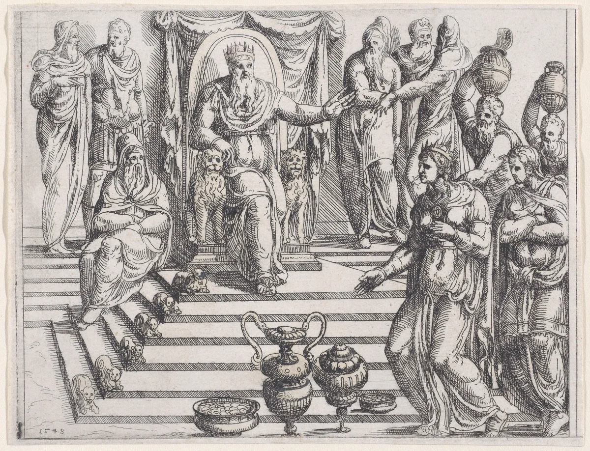 The Queen of Sheba and Solomon, from Old and New Testaments by Augustin Hirschvogel, print, 1548