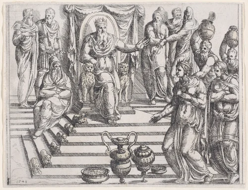 The Queen of Sheba and Solomon, from Old and New Testaments by Augustin Hirschvogel, print, 1548