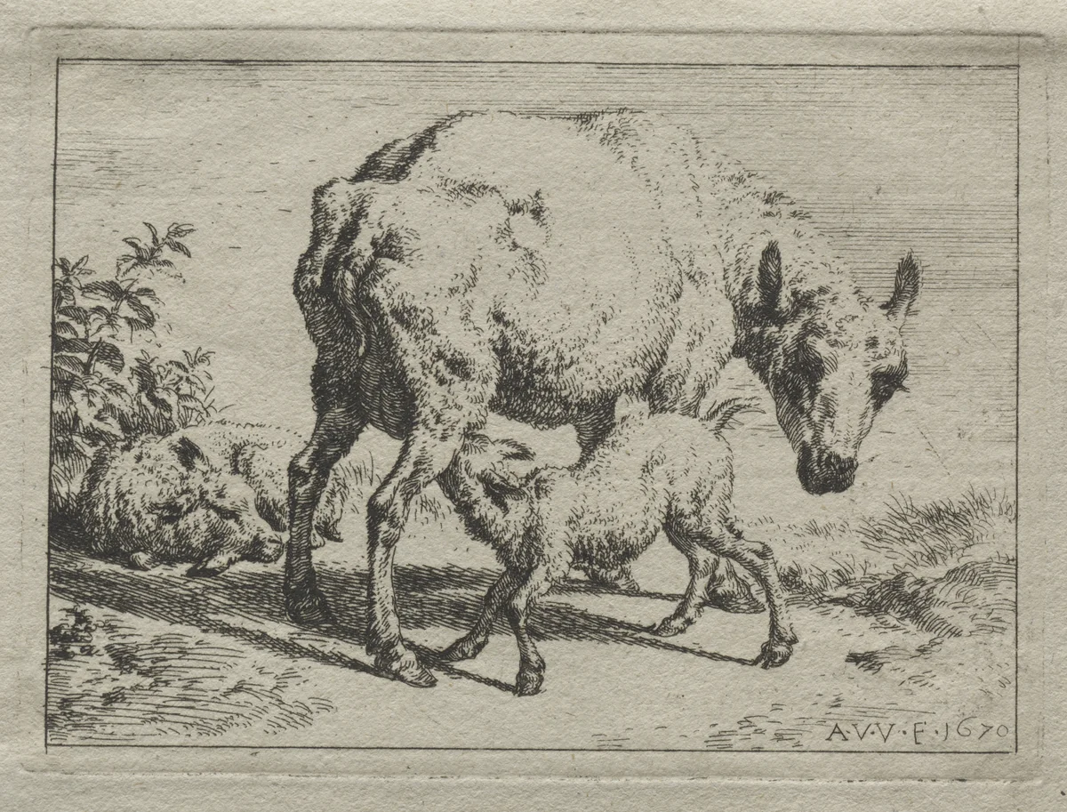 The Ewe and Two Lambs by Adriaen van de Velde, print, 1670