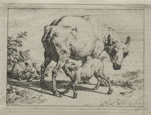 The Ewe and Two Lambs by Adriaen van de Velde, print, 1670