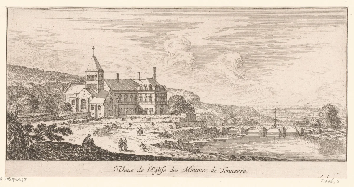 Gezicht op kerk in Tonnerre by Israël Silvestre, print, 1631-1691