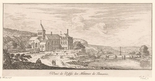 Gezicht op kerk in Tonnerre by Israël Silvestre, print, 1631-1691