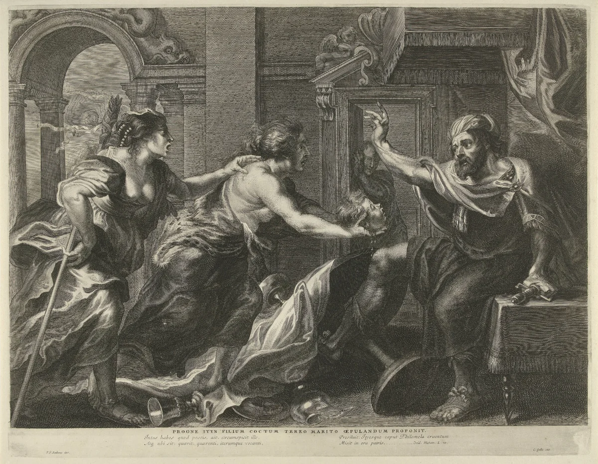 Prokne toont Tereus het hoofd van zijn zoon Itys by Cornelis Galle, print, 1630-1650