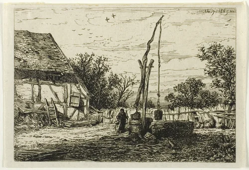 Well in a Farm Courtyard by Charles-Émile Jacque, print, 1845