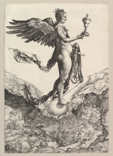 Nemesis (The Great Fortune) by Albrecht Dürer, print, 1501-1502
