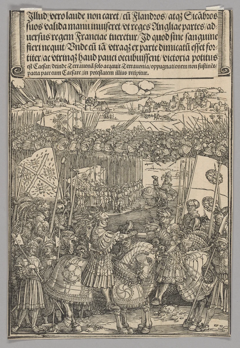 Maximilian and Henry VIII of England, plate 22 from Historical Scenes from the Life of Emperor Maximilian I from the Triumphal Arch by Albrecht Dürer, print, 1515-1517