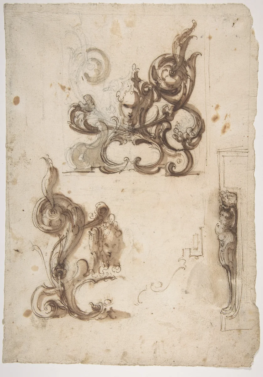 Designs for Ornamental Motifs and for a Herm Supporting a Chimney Piece by Guglielmo Caccia, drawing, 1568-1625