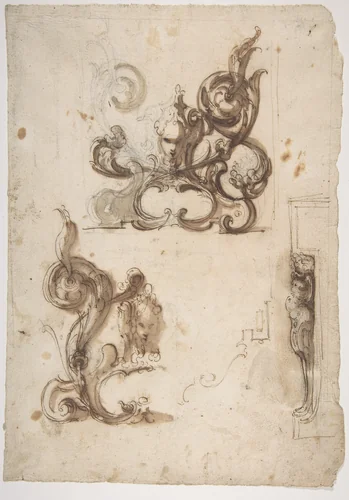 Designs for Ornamental Motifs and for a Herm Supporting a Chimney Piece by Guglielmo Caccia, drawing, 1568-1625