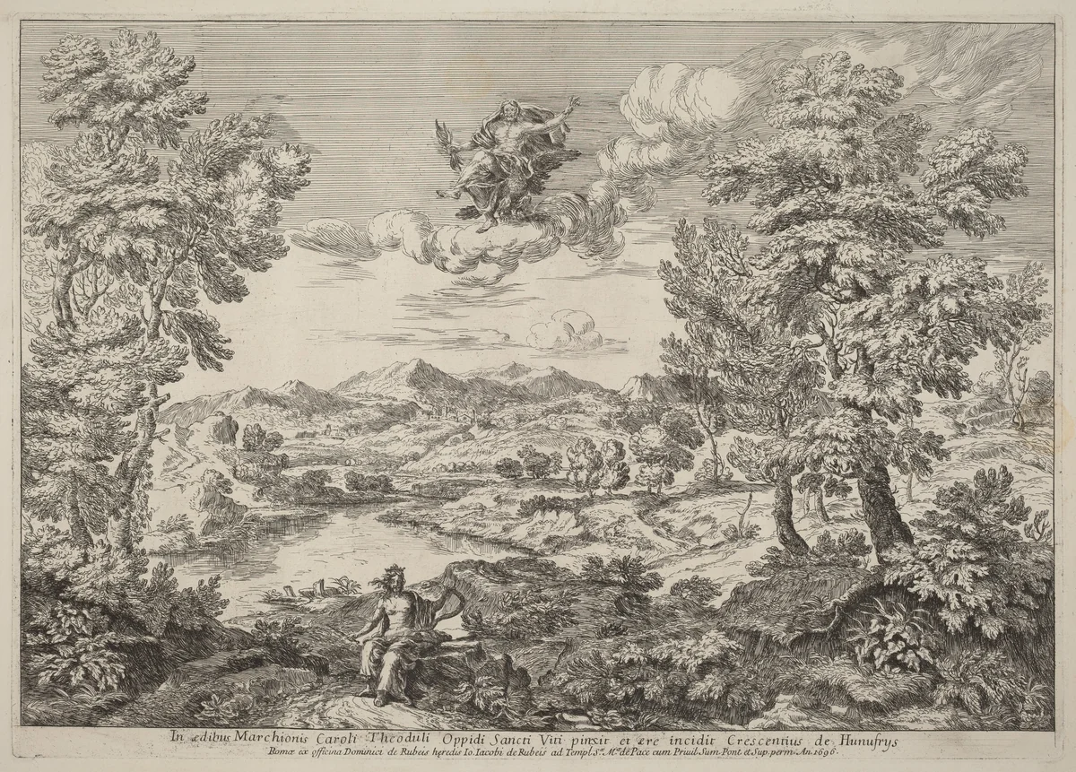 Jupiter in a Landscape by Crescenzio Onofri, print, 1696