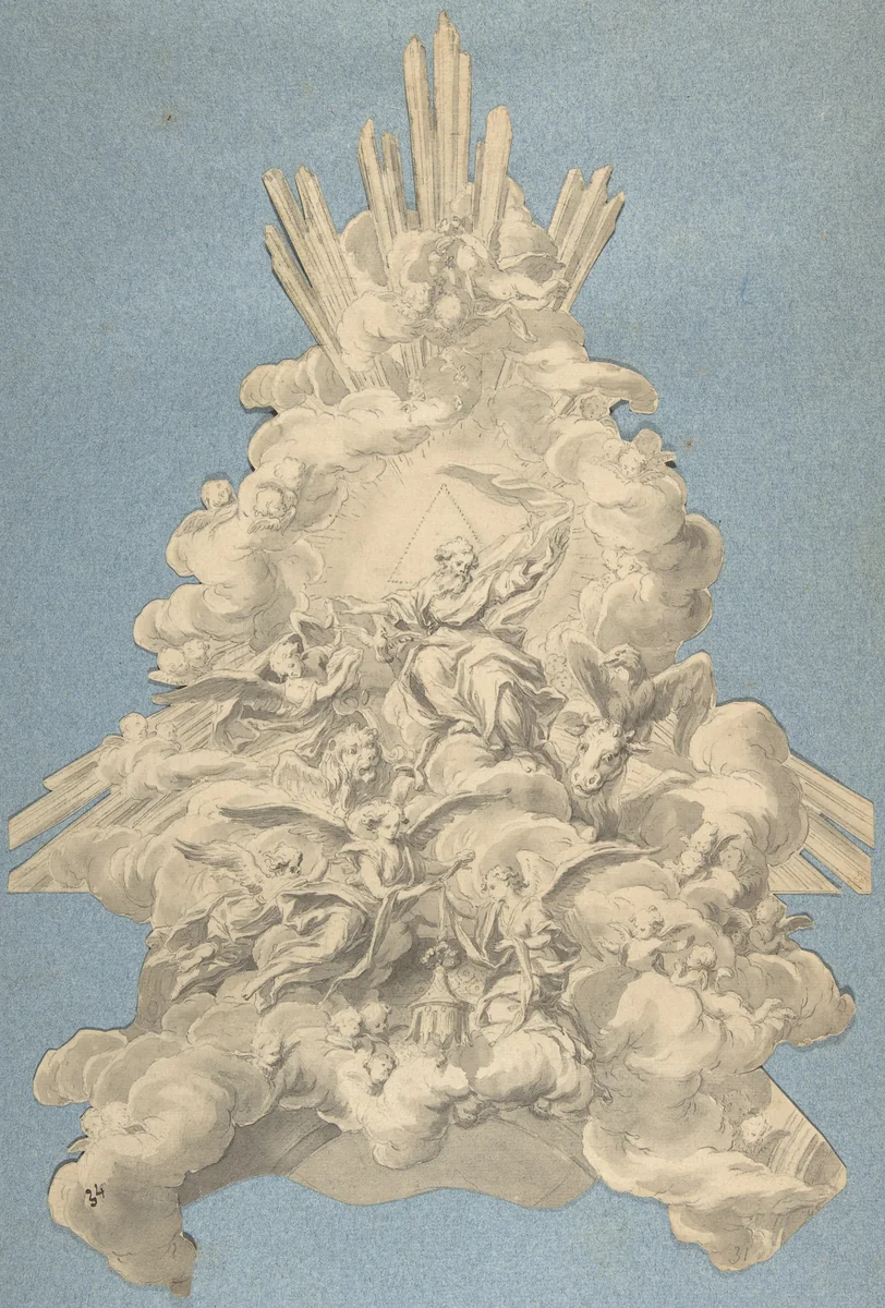 God the Father Surrounded by Angels and the Four Animals, Symbols of the Evangelists by anonymous, drawing, 1700-1800