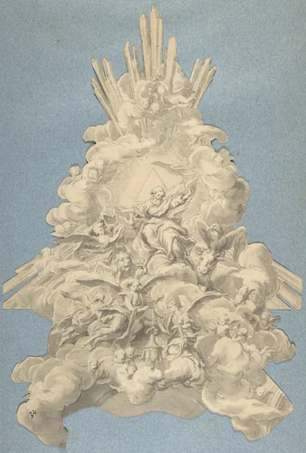 God the Father Surrounded by Angels and the Four Animals, Symbols of the Evangelists by anonymous, drawing, 1700-1800