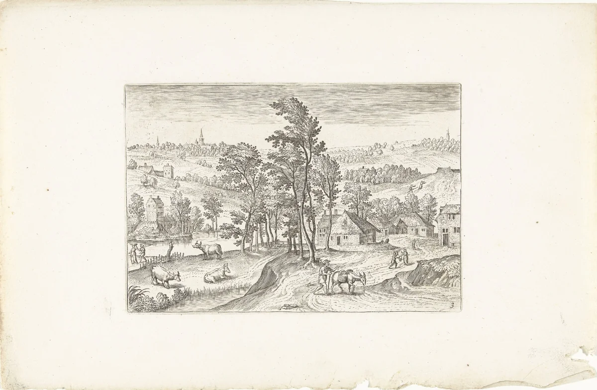 Landschap met een dorpje naast een rivier by Adriaen Collaert, print, 1578-1618