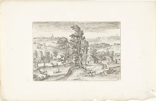 Landschap met een dorpje naast een rivier by Adriaen Collaert, print, 1578-1618