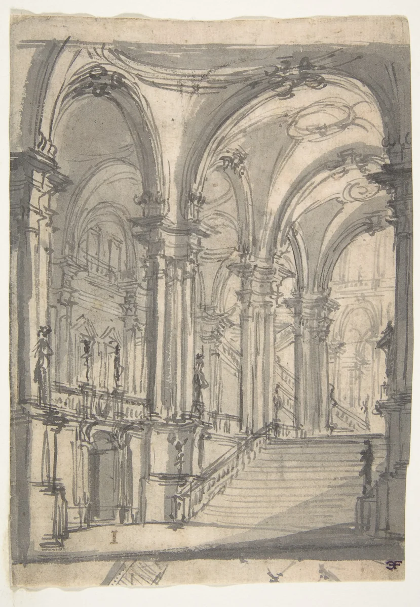 Design for a Stage Set: Groin-Vaulted Stairway Leading to a Gallery with Another Stairway to a Second Story at Left (recto); Slight Sketch Traced Through from the Recto and Reworked (verso) by Giovanni Battista Natali, drawing, 1698-1765