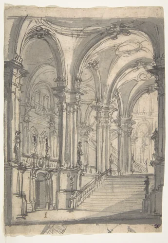 Design for a Stage Set: Groin-Vaulted Stairway Leading to a Gallery with Another Stairway to a Second Story at Left (recto); Slight Sketch Traced Through from the Recto and Reworked (verso) by Giovanni Battista Natali, drawing, 1698-1765