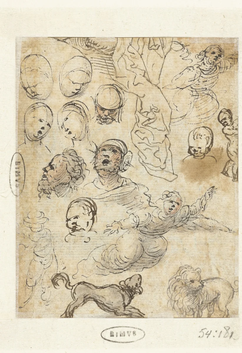 Studies van zwevende engelen, honden en hoofden van mannen en vrouwen by anonymous, drawing, 1500-1510