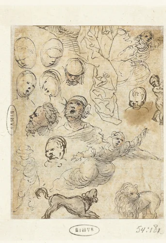Studies van zwevende engelen, honden en hoofden van mannen en vrouwen by anonymous, drawing, 1500-1510