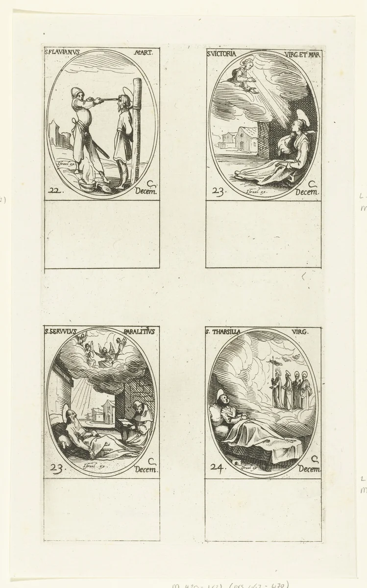 Heilige Flavianus van Acquapendente, Heilige Victoria van Rome, Heilige Servulus van Rome, Heilige Tarsilla van Rome (22-24 december) by Jacques Callot, print, 1632-1636