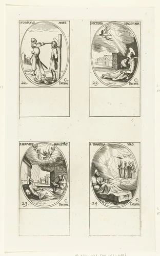 Heilige Flavianus van Acquapendente, Heilige Victoria van Rome, Heilige Servulus van Rome, Heilige Tarsilla van Rome (22-24 december) by Jacques Callot, print, 1632-1636